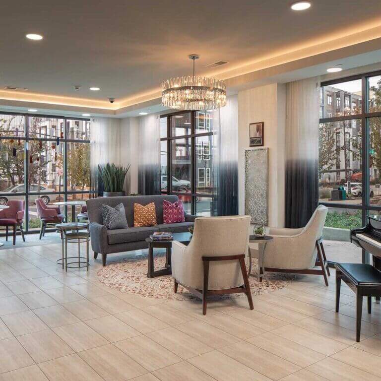interior view of the clubhouse and leasing center at The Link at Columbia Senior Residences in Decatur Georgia