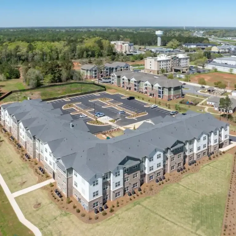 aerial view of buildings on a sunny day at Pointe River apartments in Albany GA